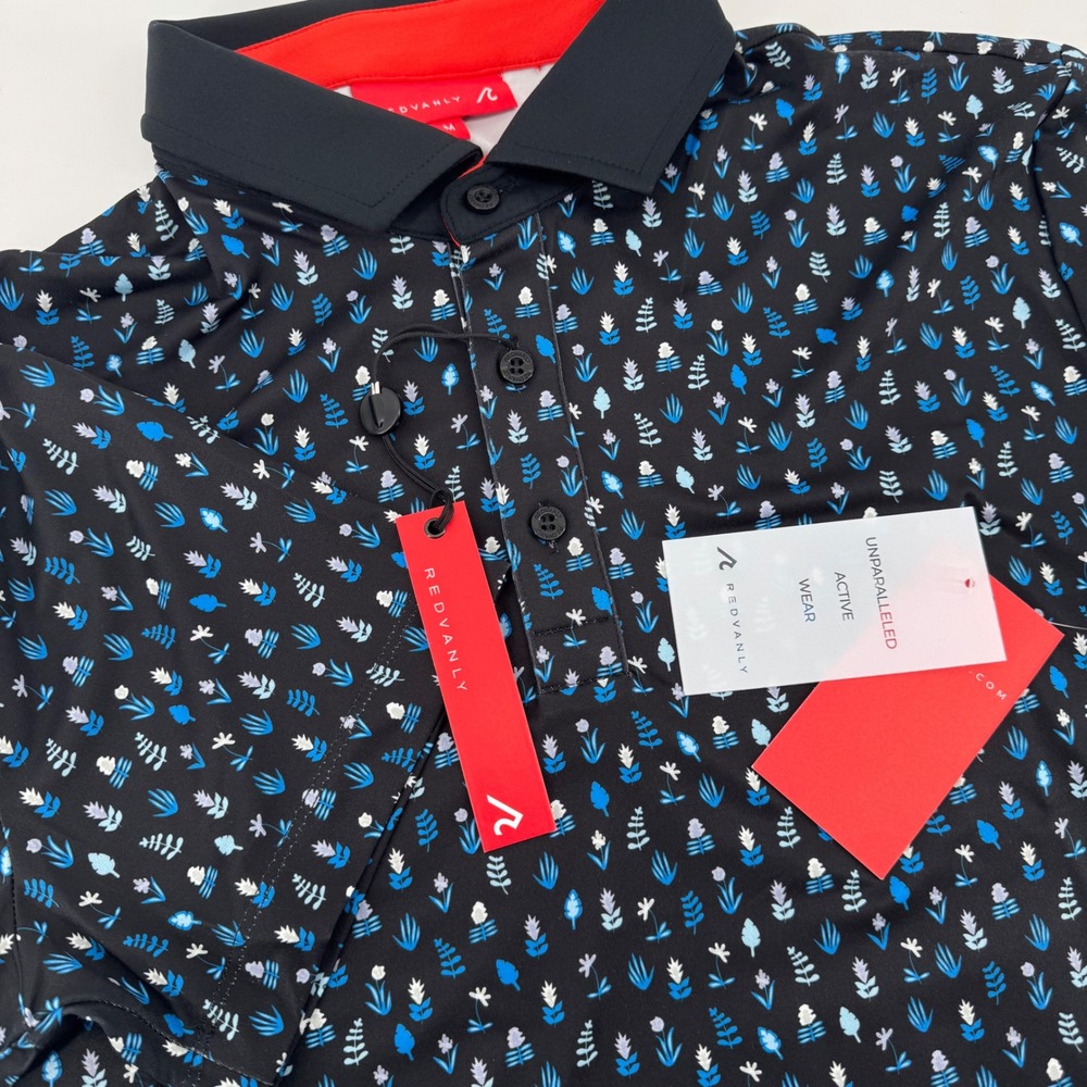 REDVANLY Ashland Polo Mens M Tuxedo Black Blue Floral Golf Shirt R2312 NWT